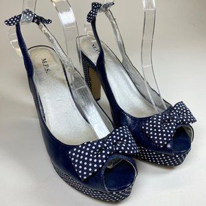 Shoes High Heels M.P.S Missy Navy Polka Dot Bows 8.5 Open Toe 4.5" Heel Height